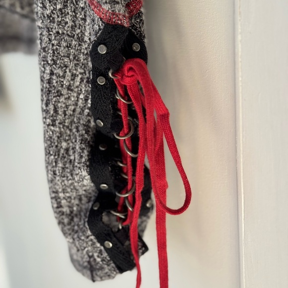 Free People Black and White Waffle Knit Sweater with Lace Up Detail Sleeves - Picture 2 of 7